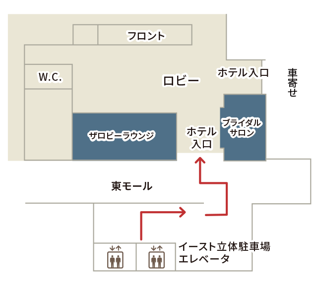 駐車場エレベーターからフロントまで